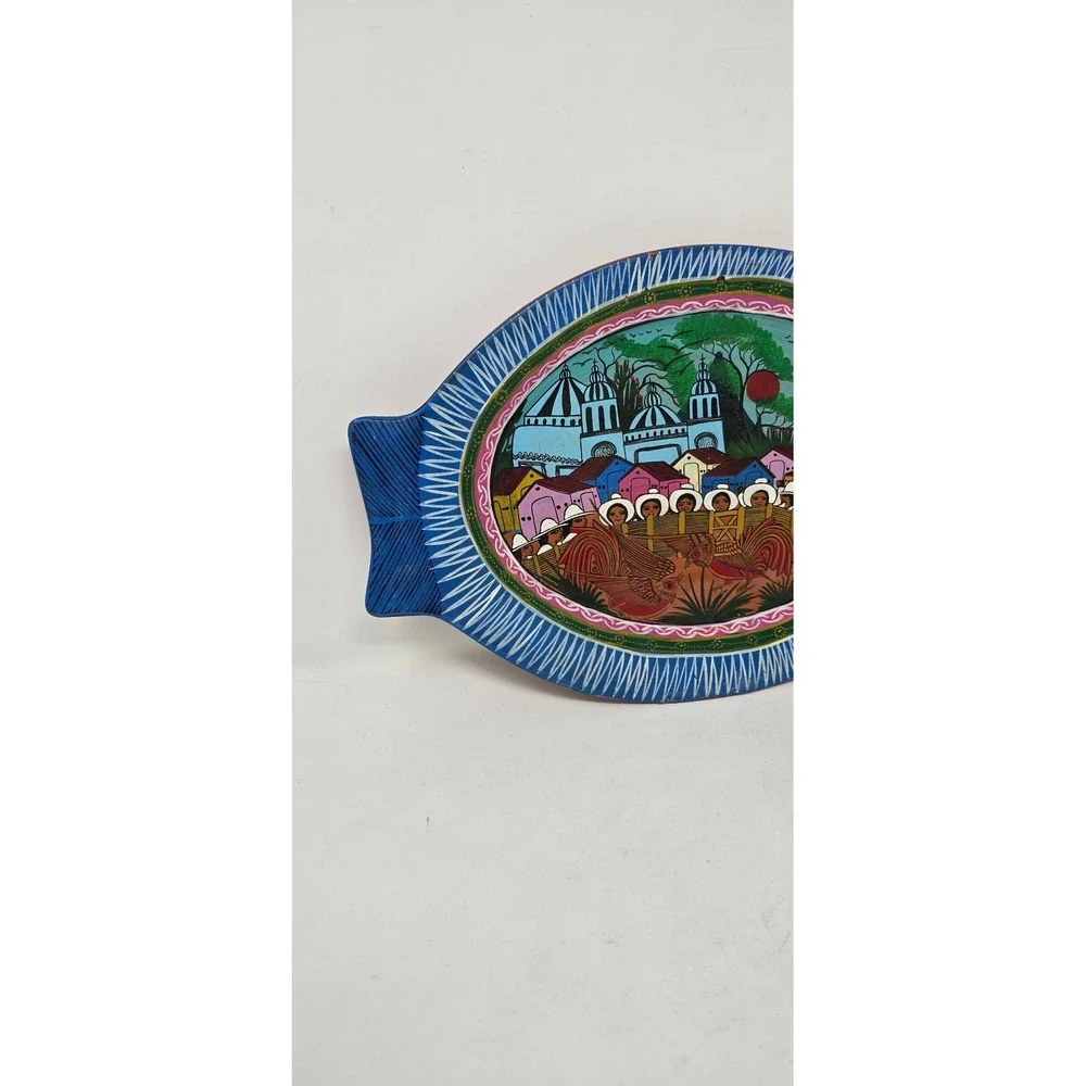 Vtg Mexican storyteller folk art fish terracotta wall art hand painted plate